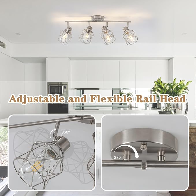 BUXVRCS Adjustable Multi-Directional Brushed Nickel Light Fixtures, Semi Flush Mount Ceiling Light, Kitchen Light Fixtures Ceiling Mount, Geometric Metal Cage Industrial Spotlight Fixtures