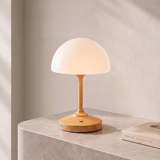 Table Lamp Cordless Lamp,5000mAh Rechargeble Battery Operated Lamp | Small Bedside Desk Lamp 11.02" with Glass Shade 3-Way Dimmable Portable LED Table Light,for Outdoor,Dinner,Patio(Wood Grain)