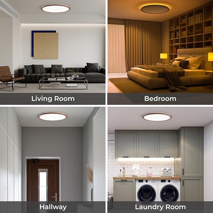 Matane 12in Flush Mount Ceiling Light Fixture with Remote Control, Nightlight 2000K Warm, 3000K-6500K Adjustable, Wired Low Profile Ceiling Lights for Bedroom, Kitchen, Living Room Walnut