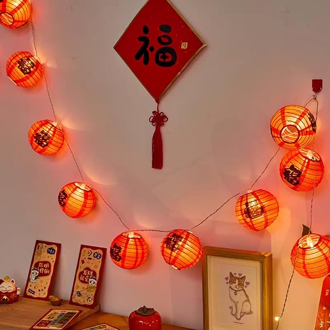 RJZZ Chinese New Year Decorations 2026 Chinese Lanterns Lights 9.4Ft Fu Character Lantern String Lights Battery Operated 10 Count Lunar New Year Decorations New Years Decor for Home