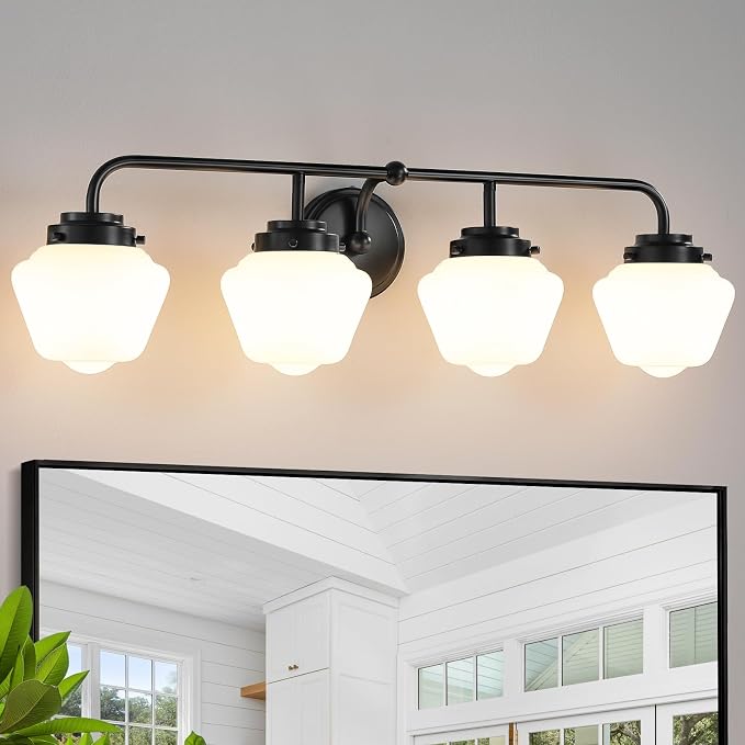 RUIYEY Bathroom Vanity Light Fixtures: 4-Light Matte Black Bathroom Lighting Fixtures Over Mirrors, Farmhouse Rustic Wall Sconce with Milky White Glass for Bath Living Room Cabinet