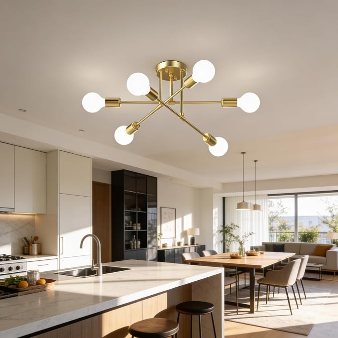 Modern Sputnik Chandelier Ceiling Light Fixtures, 6-Lights 22” Mid Century Industrial Metal Semi Flush Mount for Dining Room, Bedroom, Living Room-Brushed Gold