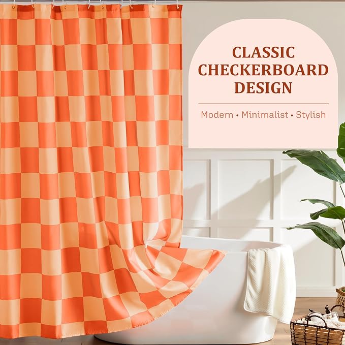 Ohocut Checkered Shower Curtain, Double Orange Plaid Shower Curtains for Bathroom, Cute Retro Checkboard Shower Curtain Vintage Aesthetic, Washable Fabric Bath Curtain 72''x72''