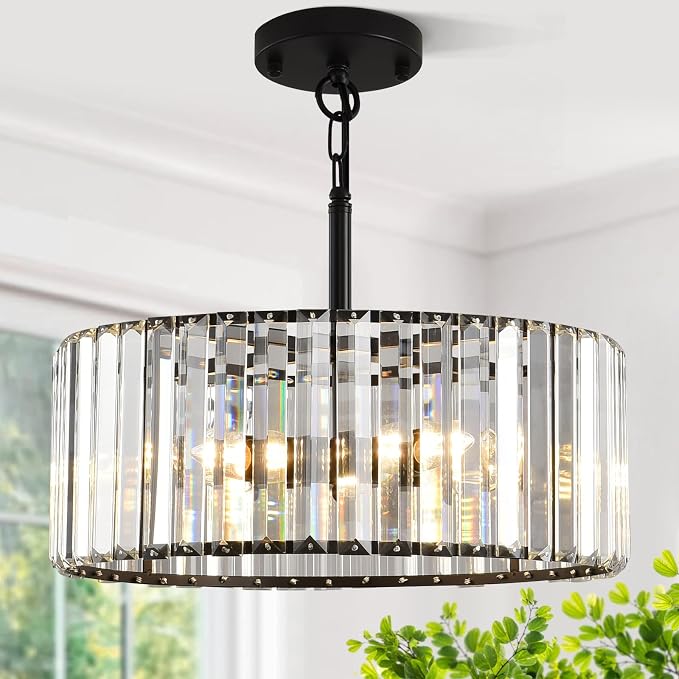 15" Modern Crystal Chandelier for Dining Room, No Assembly Required 4-Light Black Dining Room Light Fixture Over Table, Hanging Pendant Lights Fixture for Kitchen Island Living Room Foyer Entryway