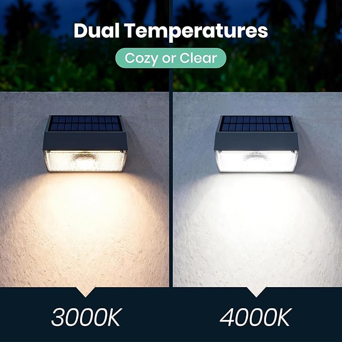 Solar Wall Lights Outdoor, 3000K 4000K Solar Fence Lights with Motion Sensor, 3 Modes,1000LM Dimmable Fence Light Solar Powered for Outside Yard Deck Step, 2pcs