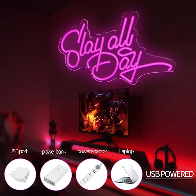 JEDAEMEN Slay All Day Neon Signs for Wall Decor Pink LED Sign Neon Lights | Pink Led Light Sign Preppy Room Decor Light Up Sign for Birthday Party Decoration USB Powered