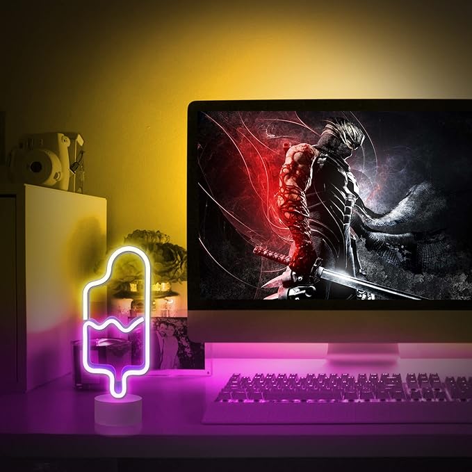 Lumoonosity Popsicle Neon Light - Popsicle Neon Sign for Bedroom, Desktop, Tabletop Decor - Battery/USB Powered Popsicle Lights - Ice Cream Night Light Lamp with Stand- Pink & Warm White Led Signs