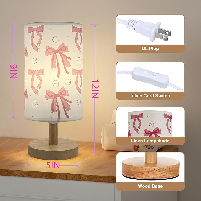 Pink Bow Table Lamp 3 Colors Mode Desk Lamp for Kids Bedroom Bedsdie Lamp | Girls Room Decorative Lights with Cartoon Lampshade,Nightstand Night Light for Girls & Boys Birthday Gift for Home Decoration