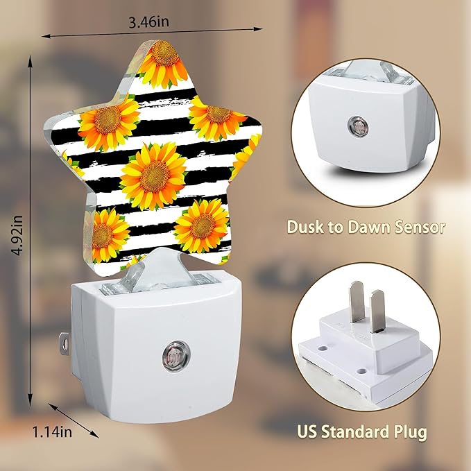 Sunflowers Plug-in Night Light Black White Grid with Dusk-to-Dawn Sensor for Bedroom,Bathroom and Living Room Sleep Friendly lamp for Women/Girls/Boys Gift,0.5W