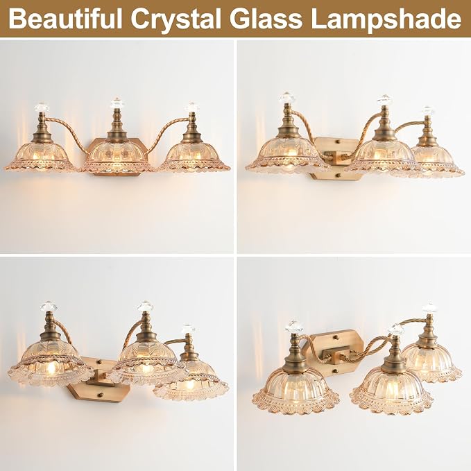 Vintage Bathroom Vanity Light Fixtures, 3-Light Matte Brass Finish Vanity Light with Flower-Shaped Amber Glass Shades, Retro Wall Sconce for Mirror, Powder Room, Bedroom