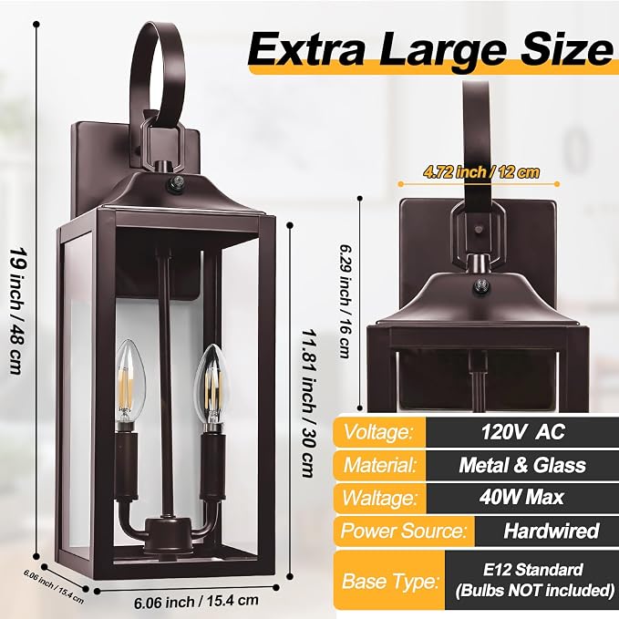 19" Oil Rubbed Bronze Dusk to Dawn Outdoor Wall Light, Modern Porch Lights | Large Exterior Wall Lantern 2-Light with Tempered Glass, Waterproof Outdoor Light Fixtures Wall Mount for House Patio, 1-Pack