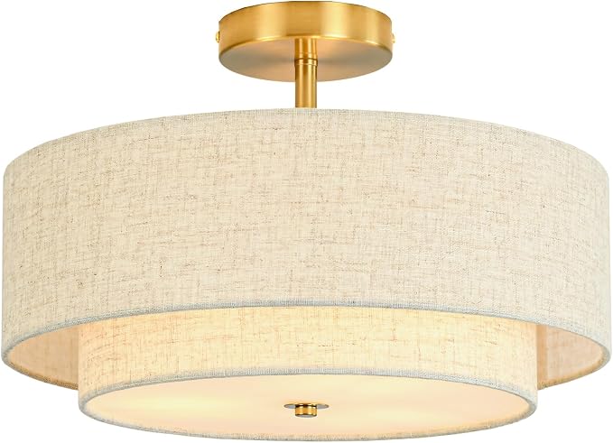 16" Semi Flush Mount Ceiling Light, 3-Light Gold Drum Ceiling Light Fixture | 2-Tier Fabric Linen Shade Design, Farmhouse Chandelier for Dining Room, Living Room, Bedroom, Kitchen, Hallway, Entryway