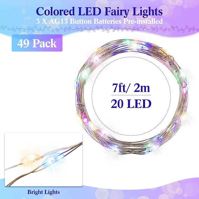 50 Pack Battery Operated LED Fairy Lights 3 Modes,Rainbow Color | 7 Ft 20 LEDs Each, Waterproof Copper Wire Twinkle Lights for Wedding Jar Bedroom Party, DIY Starry String Decorations