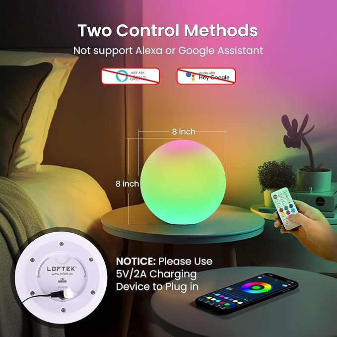 LOFTEK Smart Night Light, Color Changing LED Ball Lamp with APP &Music Sync | 16 Million Colors, 220 Scene Modes, Rechargeable, Time Setting, Corded Electric, RGB Ball Mood Lighting for Living Room