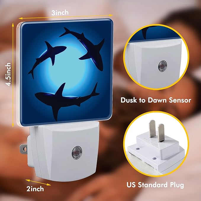 Ocean Floating Sharks Night Light,Plug into Wall with Dusk to Dawn Light Sensors,LED Nightlights for Bedroom,Bathroom,Kitchen,Hallway,Room Decor for Boys Girls Women Men