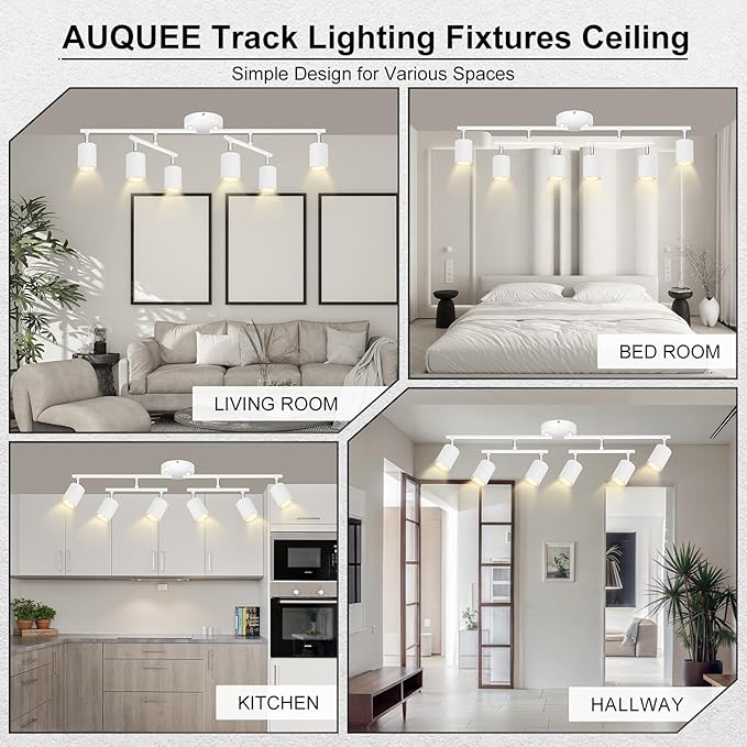 6 Light Track Lighting Fixtures Ceiling, Matte White Kichen Track Lighting Fixtures with Rotatable Light Heads, Upgrade Light Poles, Modern LED Spot Lights for Kitchen/Hallway, No GU10 Bulb