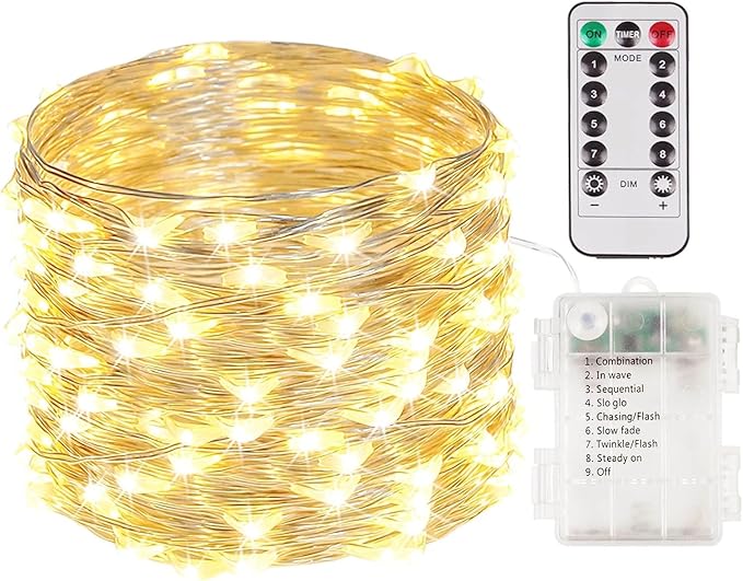 33FT 50 LED Fairy Lights Battery Operated with Remote and Timer Warm White | Remote Control, 8 Modes, Timer, Adjustable brightness, Waterproof Lights for Indoor Outdoor Classroom Christmas Decor