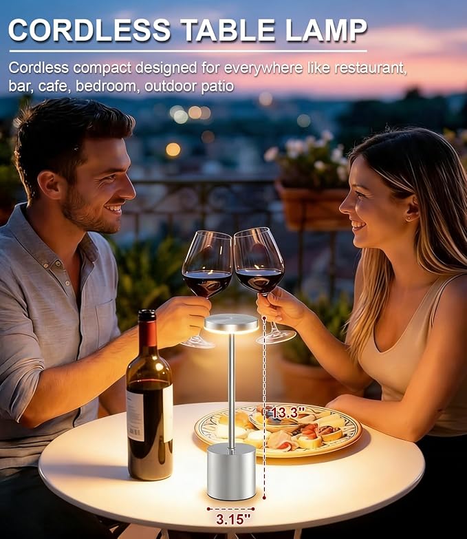 Silver Cordless Table Lamp Rechargeable - 2 Pack 5000mAH Battery Operated Lamp for Counter, 3 Color Stepless Dimming Waterproof LED Wireless Lamp for Dining Kitchen, Outdoor Patio, Touch Control