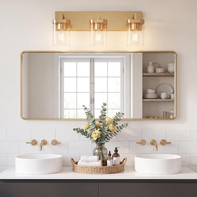 Bathroom Lighting Fixtures Over Mirror, Square Design & Rectangle Large Backplate, 3 Lights Modern Vanity Lighting Fixtures, Bathroom Light Fixtures for Bathroom/Living Room/Bedroom, Gold
