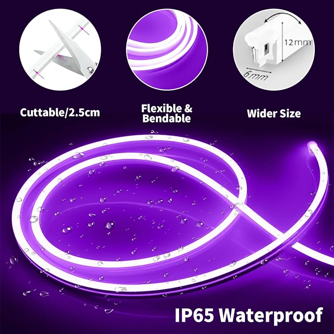 iNextStation Purple LED Light Strip 16.4FT LED Rope Light (with DC12V Plug) | IP65 Waterproof Flexible Silicone Neon LED Lights with Dimmer, 0.98Inch Cuttable LED Lights Strip for DIY, Home, Party Decor