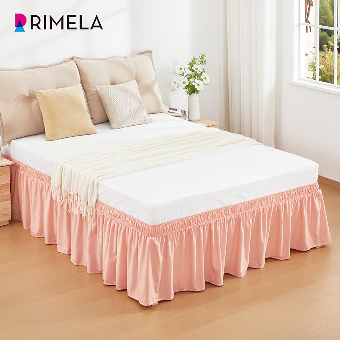 RIMELA Peachy Coral Bed Skirt Queen Size 18 Inch Drop, Elastic Bed Skirting for Bed Base and Frame, Bedding Dust Ruffle Easy to Install, Wrap Around Adjustable Bedskirt