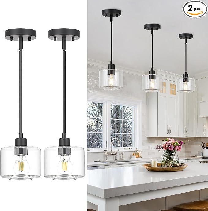 Black Pendant Lights Kitchen Island 2 Pack, Modern Clear Glass Hanging Light Fixtures with Rods, Mini Kitchen Pendant Lighting Over Island for Sink Bathroom, OS-YQ8153-2PBKC