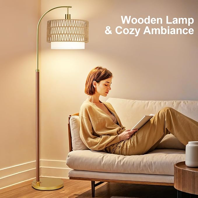 ZECOXOL Boho Floor Lamps for Living Room Wood Floor Lamp with Remote Control,Dimmable Rattan Floor Lamps Farmhouse Gold Standing Lamp with 3 Color Temperature Tall Arc Floor Lamp for Bedroom Corner