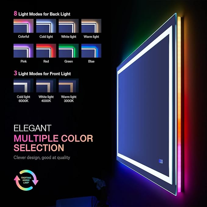 LOAAO 40"X36" LED Bathroom Mirror with Lights, Anti-Fog, Dimmable, RGB Backlit + Front Lighted, Bathroom Vanity Mirror for Wall, Memory Function, Waterproof, Tempered Glass