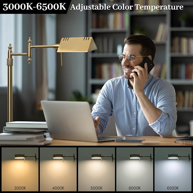 Bairth Antique Brass Reading Floor Lamp,Rotatable Pharmacy Standing Lamp | 90°Rotatable Lamp Head 3 Color Temperature, Dimmable, 17W LED, Height Adjustable, 360°Swing Arm, Living Room, Bedroom, Craft