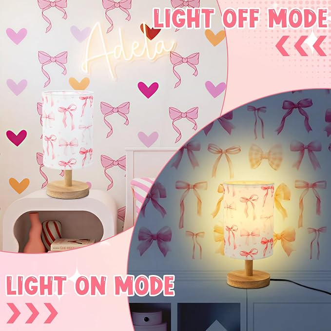 Bow Kids Table Lamp for Bedroom Kids Bedside Lamp with Linen Wooden Nightstand Cartoon Nursery Lampshade for Girls Room Pink Bow Decor