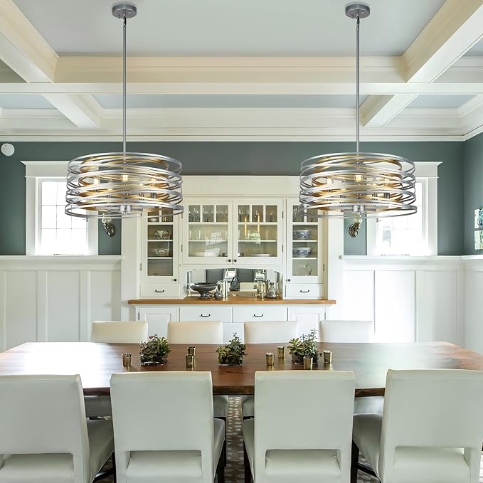 ACNKTZ 19.7'' Double Round Metal Chandelier, 5-Light Modern Farmhouse Dining Room Lights Over Table, Gold Chandelier for Hallway Kitchen Island Entryway Stairwell, Silver with Gold Interior
