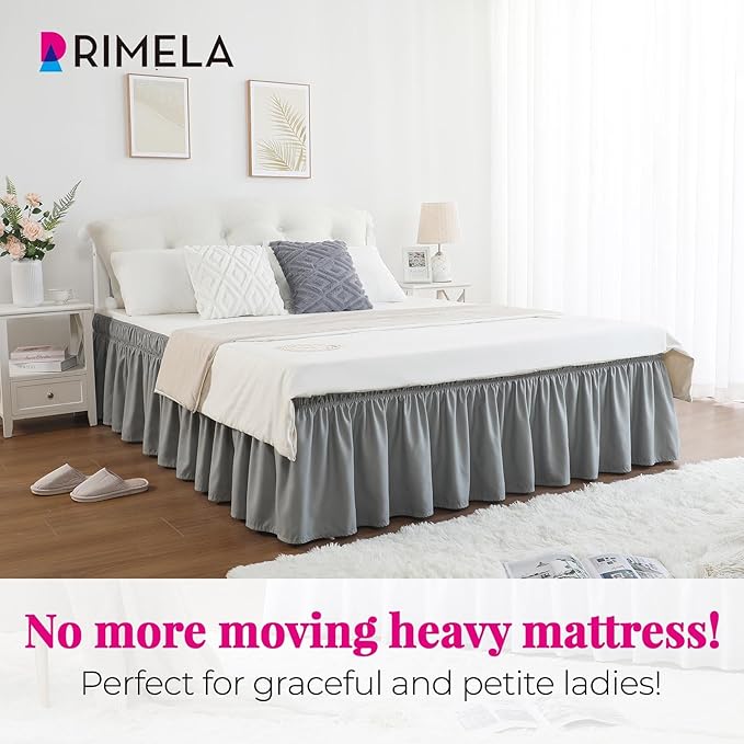 RIMELA Gray King Size Bed Skirt 15 Inch Drop, Elastic Bed Skirting Cal King, Light Grey Bedskirt for Adjustable Bed Base and Frame, Lightweight Wrap Around Dust Ruffle