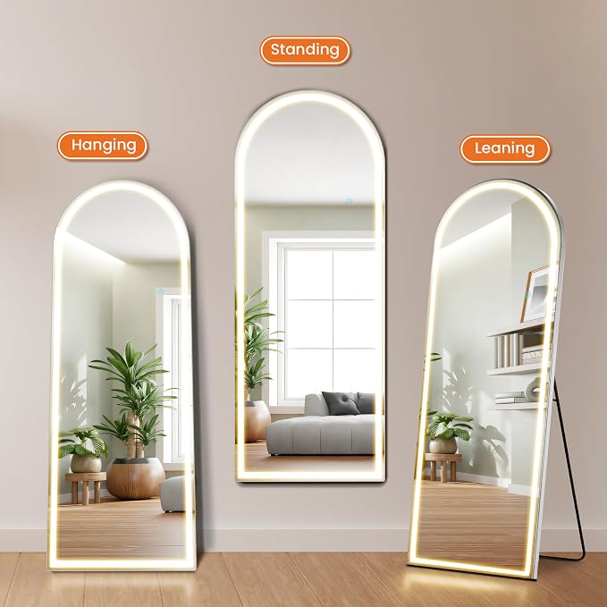 Sweetcrispy Arched LED Full Length Floor Mirror, 71"x26" Full Body Mirror | Standing Mirror with Dimming & 3 Color Lighting, Shatterproof Tempered Glass, Wall Hanging or Leaning for Home Decor, White