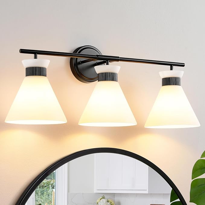 Black Bathroom Vanity Light Fixtures: Vanity Lighting Fixtures over Mirror 23.4 inch with Milky White Frosted Glass, 3-Lights Farmhouse Vintage Vanity Lighting Bathroom Wall Light(Exclude Bulb)