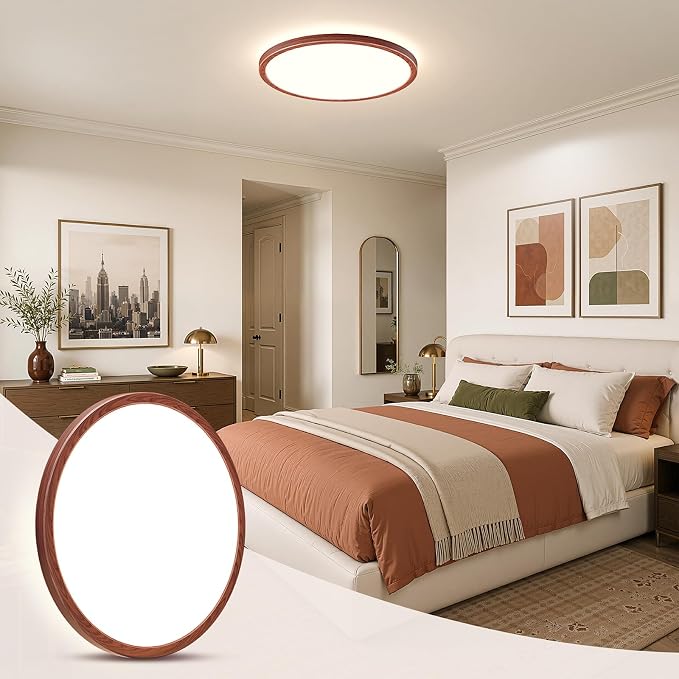 LED Flush Mount Ceiling Light, 12 Inch 24W 3000K/4000K/5000K Hardwire Light Fixture, Ultra Thin Round White Lamp for Kitchen Porch Bedroom Hallway Stairwell Basement- Walnut