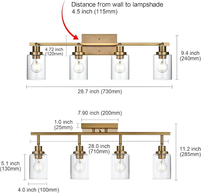 MELUCEE 4 Light Track Lighting Kit Brass Bathroom Vanity Light Fixtures with Adjustable Track Head Ceiling Spotlight Fixture for Hallway Porch Foyer Storage, Clear Glass Shade