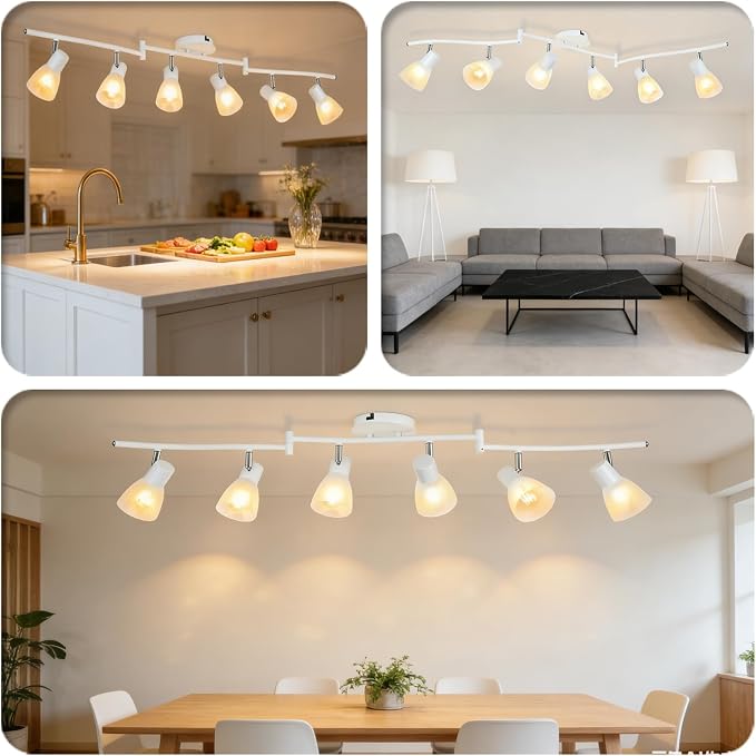 HiBay 6-Light Track Lighting White, Flexible Ceiling Fixture w/Glass Shade | Modern Flush Mount Track Spot Lights Indoor for Kitchen, Living Room, Dining Room, E12 Base, No Bulbs