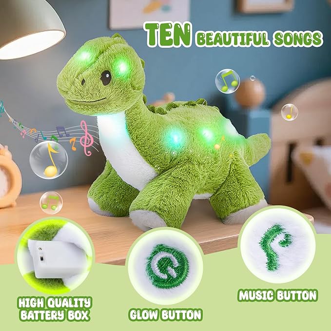 Glow Guards 16'' Light up Dinosaur Stuffed Animal,LED Soft Dinosaur Plush Toy with Magic Night Lights&Lullaby,Birthday Children's Day for Toddler Kids (Green, Music)