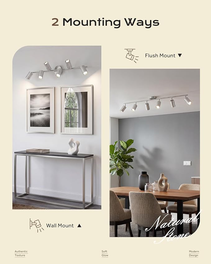 FEMILA 6 Light Kitchen Track Lighting Fixtures Ceiling, Brushed Nickel Track Light with Adjustable Heads, 3000K GU10 Bulbs Included, for Kitchen, Gallery, Cafe, 4FS109TL-6 BN