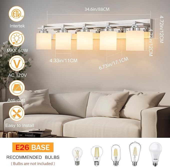 Modern Bathroom Light Fixtures Over Mirror, Vanity Lights for Bathroom Wall Sconces with Milky White Glass Shades, E26 Socket (Bulbs Not Included), 5 Light, Chrome