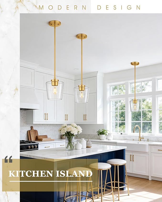 Audicki 2-Packc Pendant Lights Kitchen Island, 8" Brushed Gold Hanging Lights Fixtures with Clear Glass Shade, Modern Kitchen Pendant Lighting Over Island for Dining Room, AD-22004-1P2L-GD-C