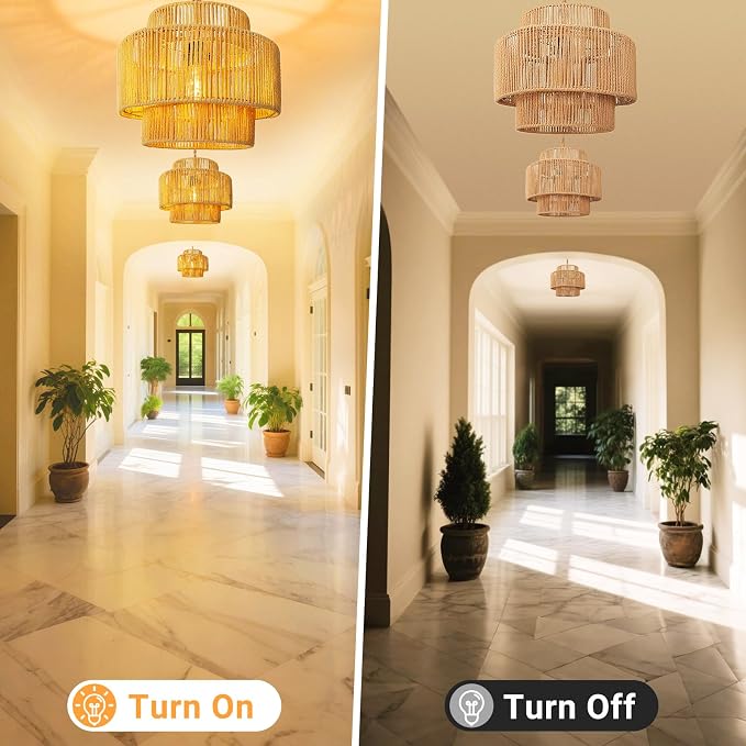 Hanging Light Ceiling Lamp Pendant Lights Rattan Hanging Lamp with Plug in Cord for Living Room Bedroom Kitchen Indoor Hanging Lamp Plug in Woven Lampshade