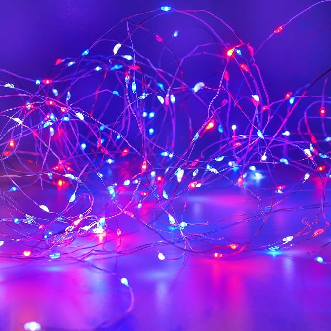 4Pack 80FT 240LED Red White and Blue Fairy Lights Battery Operated with Remote | 4th of July Decorations Twinkle Lights with Timer | American Flag Light for Independence Day Patriotism Decorations