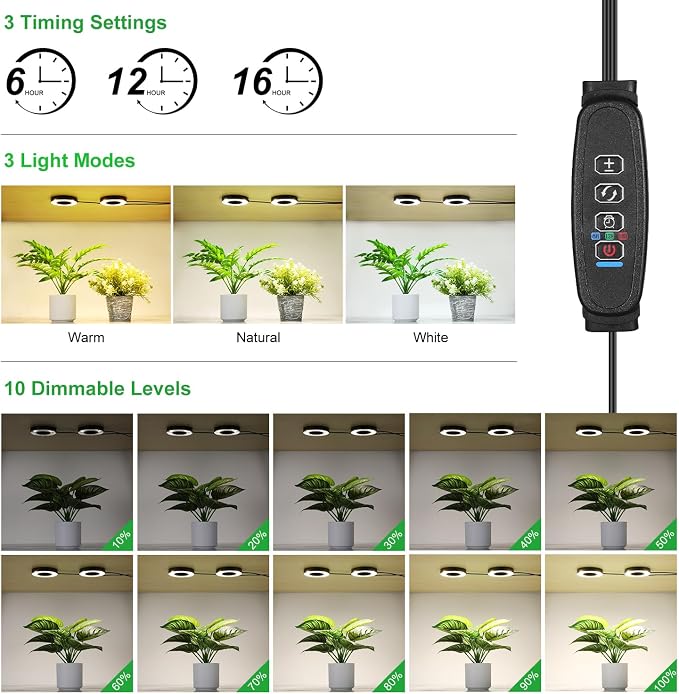 Full Spectrum Grow Light for Indoor Plants, Warm White 2 Head Black Angel Ring Ceiling and Under Cabinet Plant Lamp with 6/12/16H Timer, 10 Dimmable Levels and 3 Modes