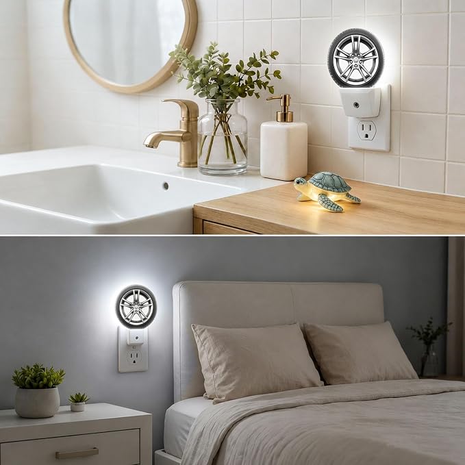 Night Lights Plug into Wall Wheel Night Light Energy Saving LED | Car Wheel Black Tyre Cool Plug in Night Lights for Wall Socket with Dusk-to-Dawn Sensor for Bedroom, Bathroom and Living Room