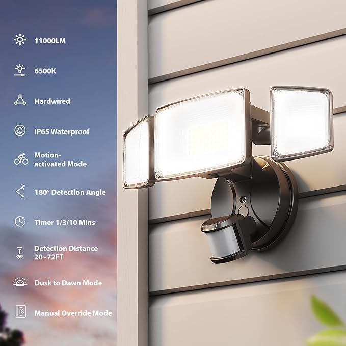 Security Lights Motion Outdoor with Dusk to Dawn, Hardwired Floodlights | 11,000LM 6 hrs always-on manual override, led motion sensor flood light, IP65, for yard garage driveway, black, 2 pack