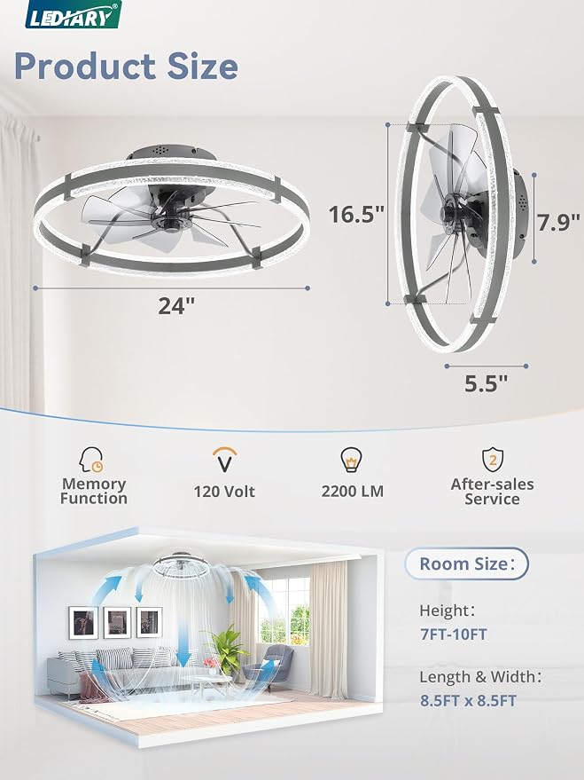 LEDIARY 24'' Modern Low Profile Ceiling Fans with Lights and Remote, Gray | 3000-6000K Dimmable LED, 6 Wind Speeds, Quiet Reversible DC Motor, Small Flush Mount Fandelier for Bedroom, Living Room