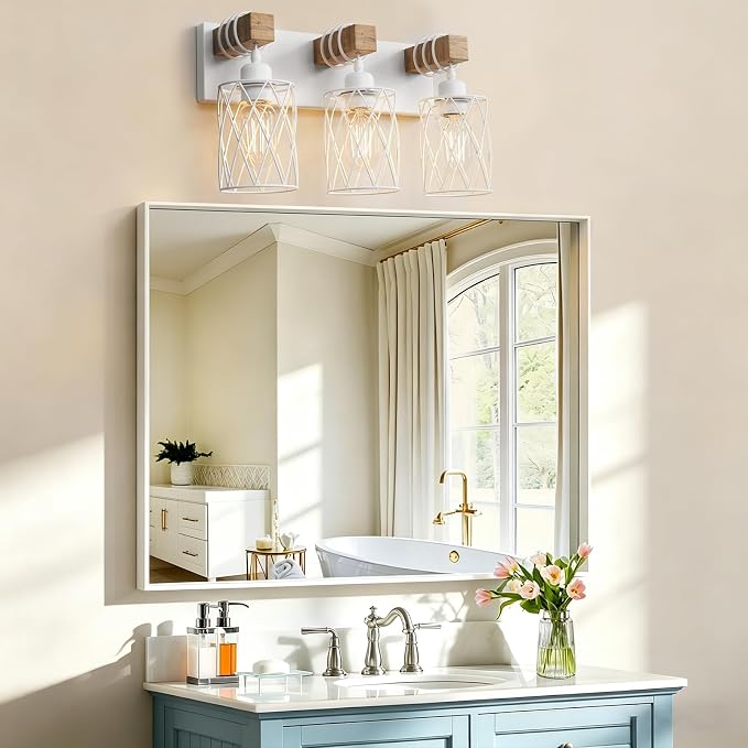 IZORRO Farmhouse Bathroom Vanity Light, 3-Light Wood Bathroom Light Fixtures Over Mirror, Matte White Industrial Vanity Lights with Metal Shade, Rustic Restroom Lighting Fixtures