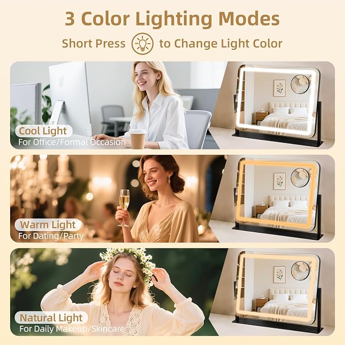 Vanity Mirror with Lights 22"x17", Lighted Makeup Mirror with 10X Magnification, 3 Color Dimmble Lights, Touch Control, 360° Rotation, Metal Frame, Women's Gift, For Bedroom/Dressing Room, Black