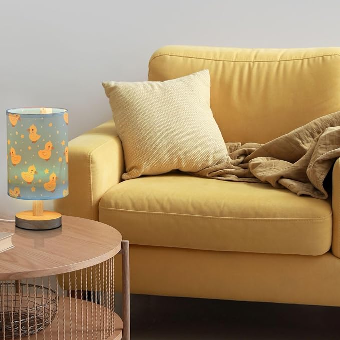 Hand Draw Yellow Duck and Hearts Stars Table Lamp for Bedroom USB Port Lamps Small Accent Table Lamp Nightstand Lamp Sturdy Linen Shade Wooden Base Decorative Lamps for Bedside Reading|Kids|Dorm|Home